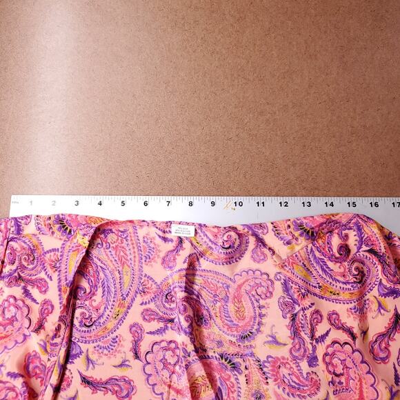 Silk Blend Blouse Sz L Pink Paisley Tie Front Butterfly Sleeve Boho Summer Flowy - Picture 4 of 9